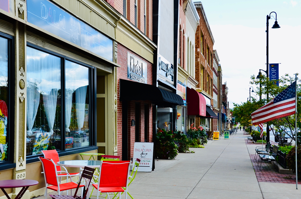 Canandaigua, New York, US- October 1, 2020:  Downtown street view, quiet on this Friday afternoon