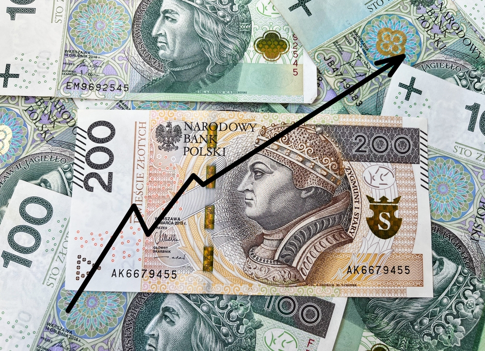 The background of banknotes in one hundred zlotys with a growth chart. A 200 zloty banknote is placed on top of 100 zloty banknotes. Currency of Poland