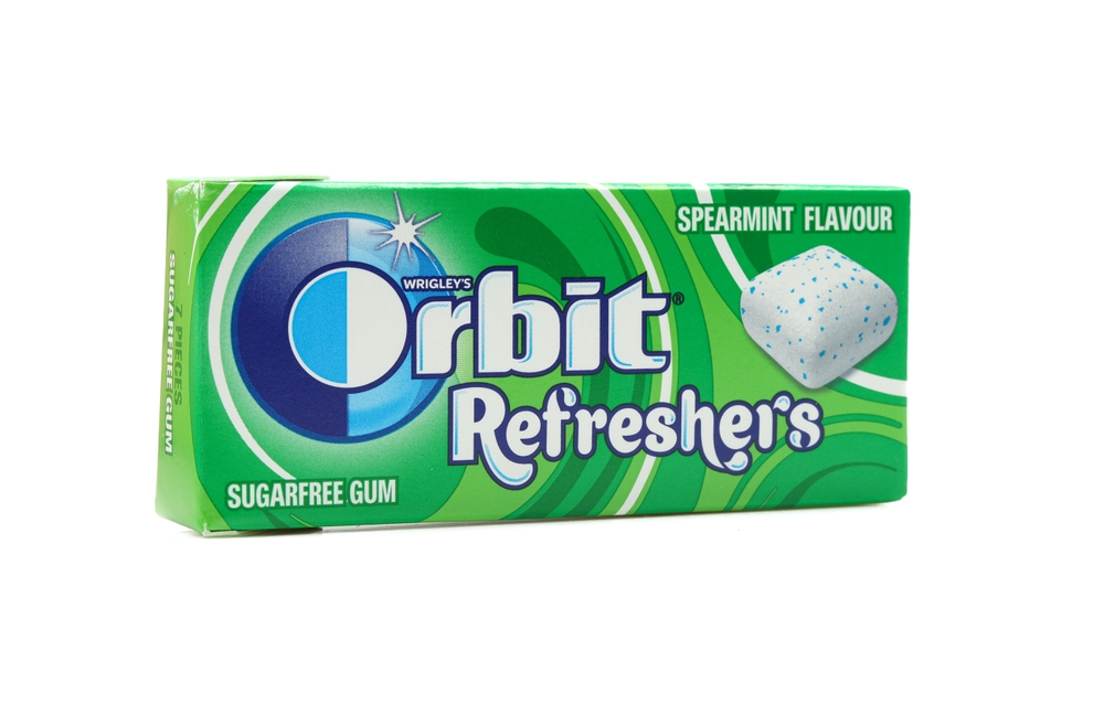 Tesanj, Bosnia and Herzegovina - December 29 2023: Wrigley's Orbit Refresher's spearmint flavour sugarfree gum pack isolated on white background
