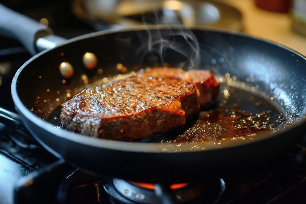 Looking into a frying pan while searing a steak