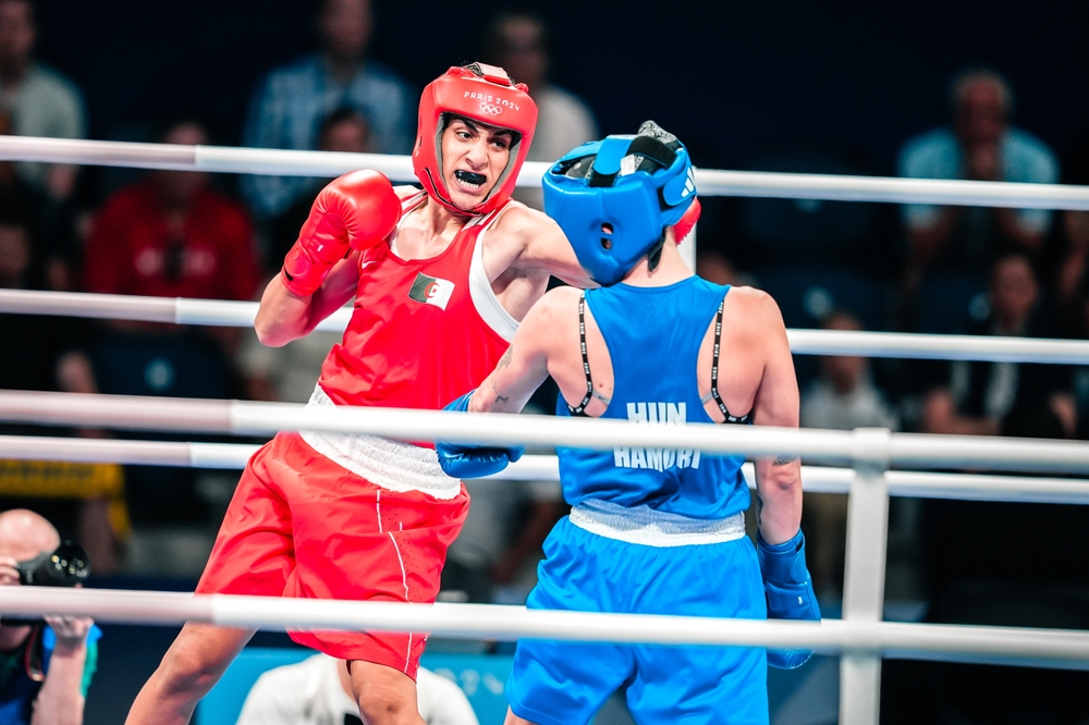 Imane Khelif of Team Algeria and Anna Luco Hamori of Team Hungary during the Women's 66kg quarterfinal match on seventh day of the Olympic Games Paris 2024.  
Paris, France 03.08.2024
