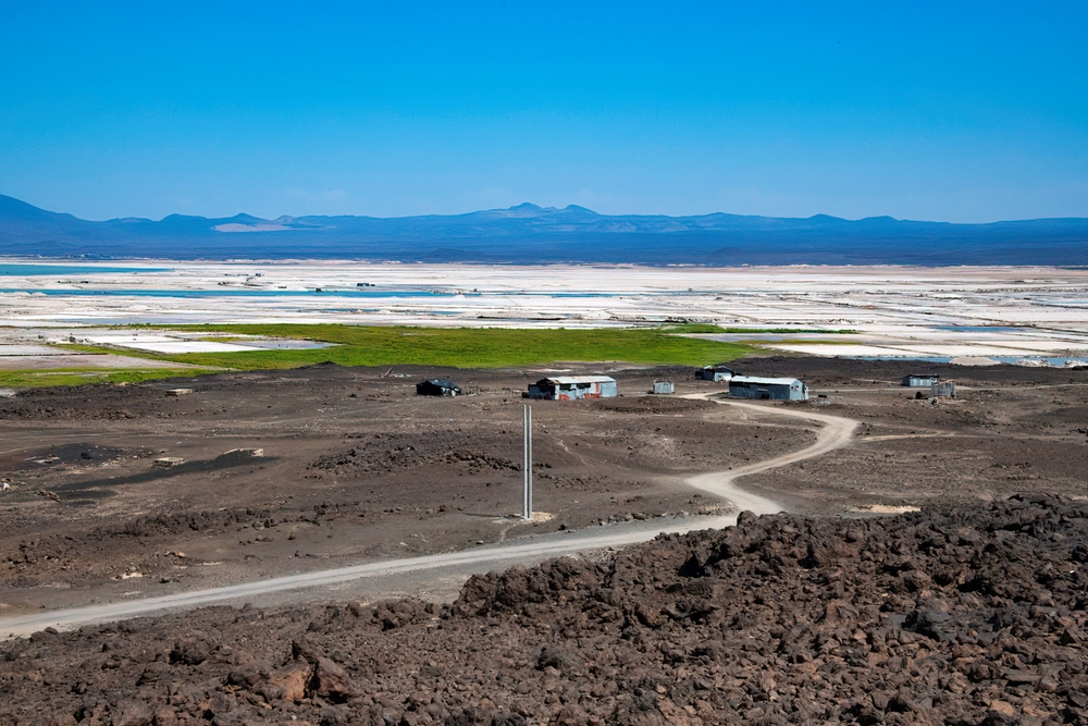 Lake Afrera in the Ethiopia Afar region a salt lake in volcanic landscape
