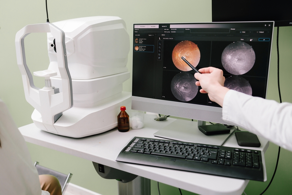 Retinal scan analysis for vision health, optic nerve evaluation, and early detection at ophthalmology. Ophthalmologist examines retina images on screen, diagnosing glaucoma and macular degeneration