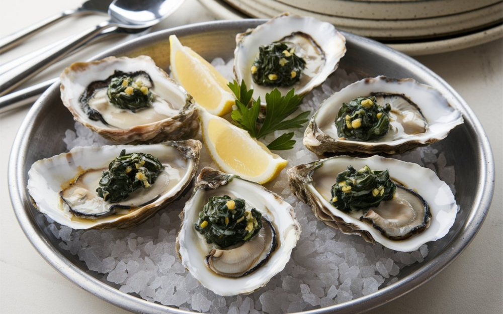 Oysters Rockefeller: Baked oysters on half-shell with herb-butter sauce, Parmesan, and breadcrumbs. A New Orleans classic since 1889, often garnished with crispy bacon.