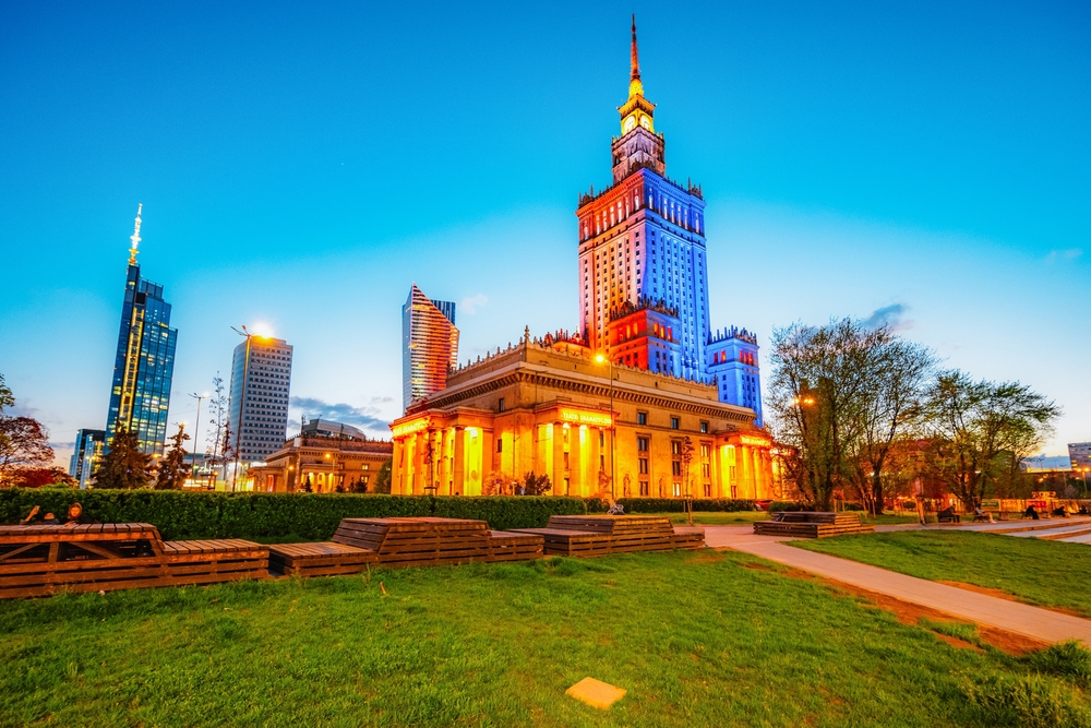 Warsaw, Poland, 4.5.2025. Warsaw, top view of the Palace of Culture in Poland and in the background the skyscrapers of the city of Warsaw