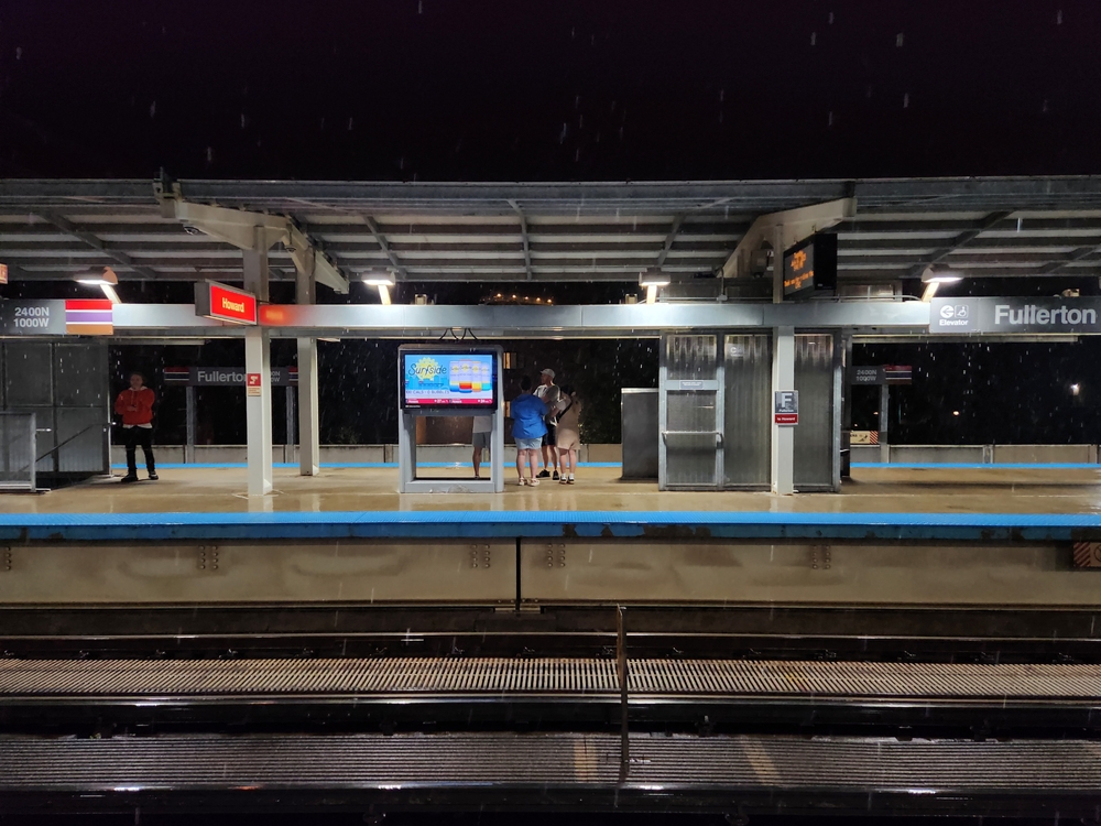 Chicago, IL, July 8, 2025, CTA, Chicago Transit Authority Fullerton Red Line Station at night during a heavy rainstorm, thunderstorm, train station