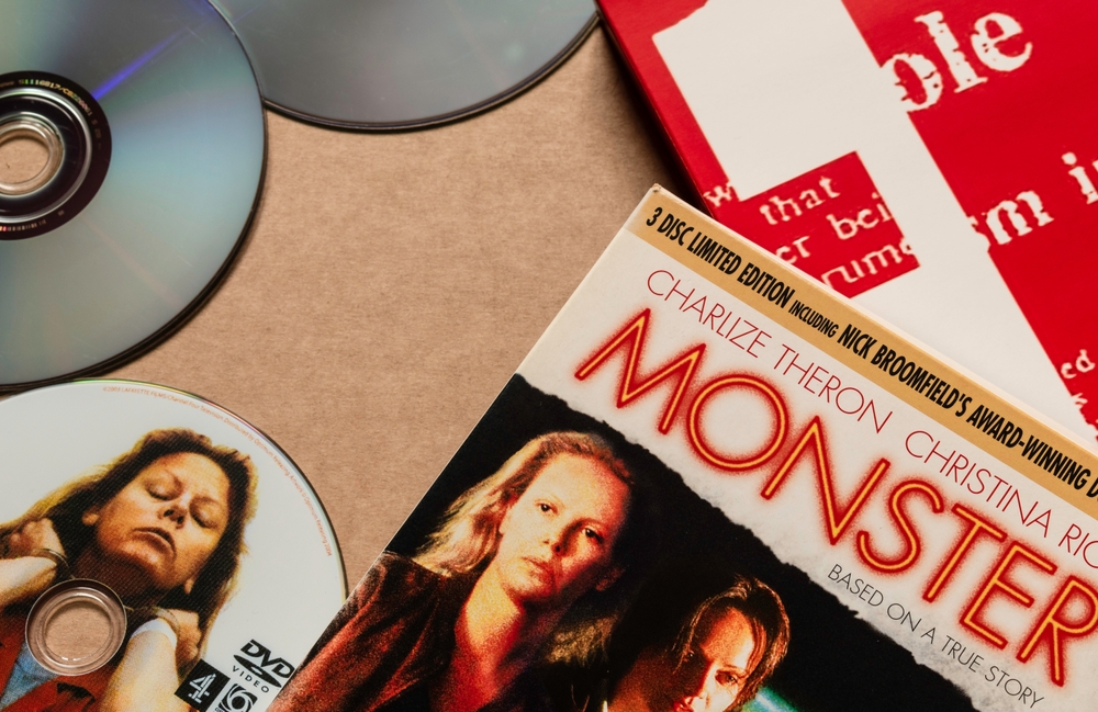 16 October 2025 - Limerick, Ireland. 'Monster' DVD disc with cover featuring Charlize Theron and Christina Ricci, isolated on light blank background