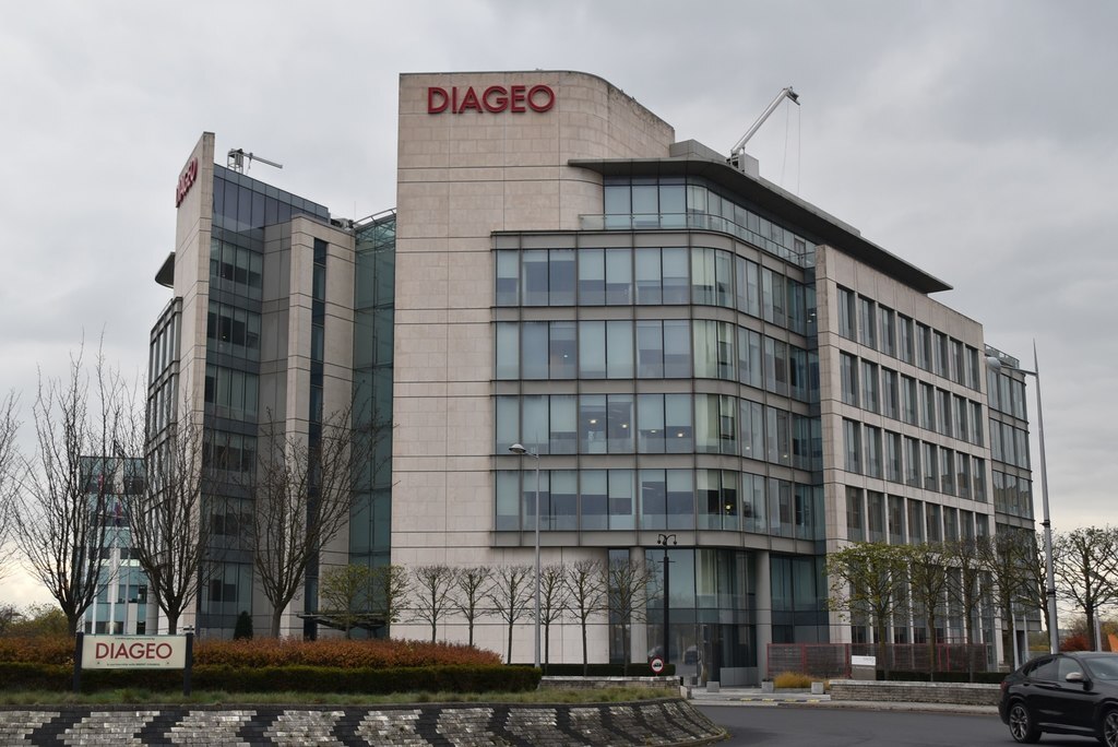 Diageo corporate office building with glass facade and the company name displayed on top.