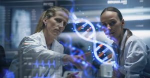 Physician And Patient Examine A Holographic Dna Model. AI-Powered Genomic Analysis Highlights Mutation Hotspots And Therapeutic Targets In Real-Time, Precision Medicine And Targeted Gene Therapies.