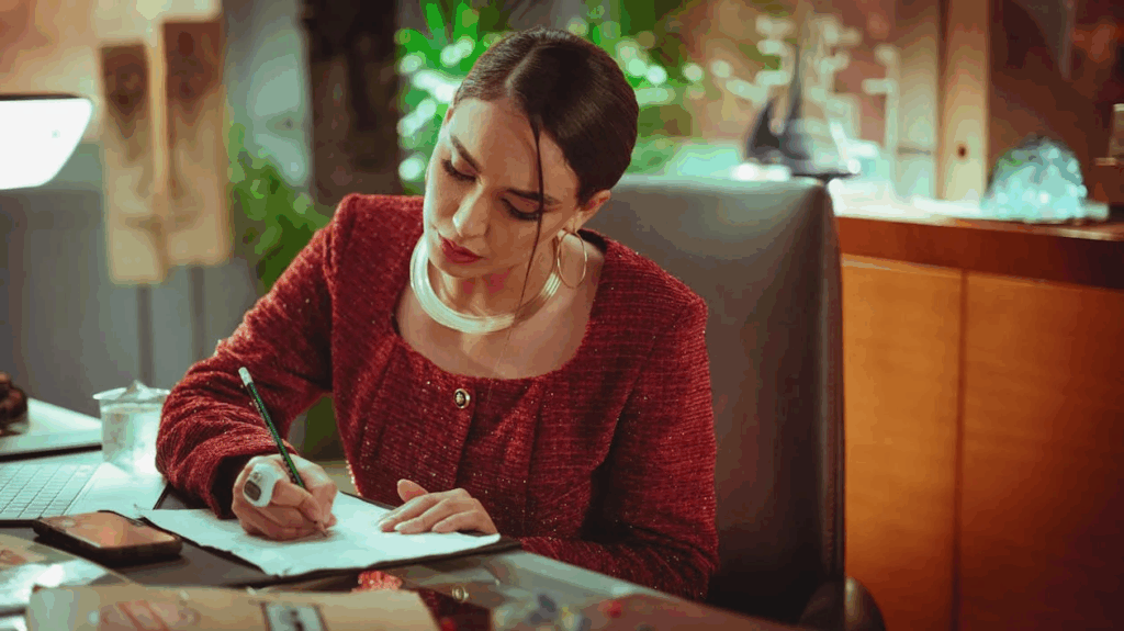Focused Woman Writing at Desk in Office