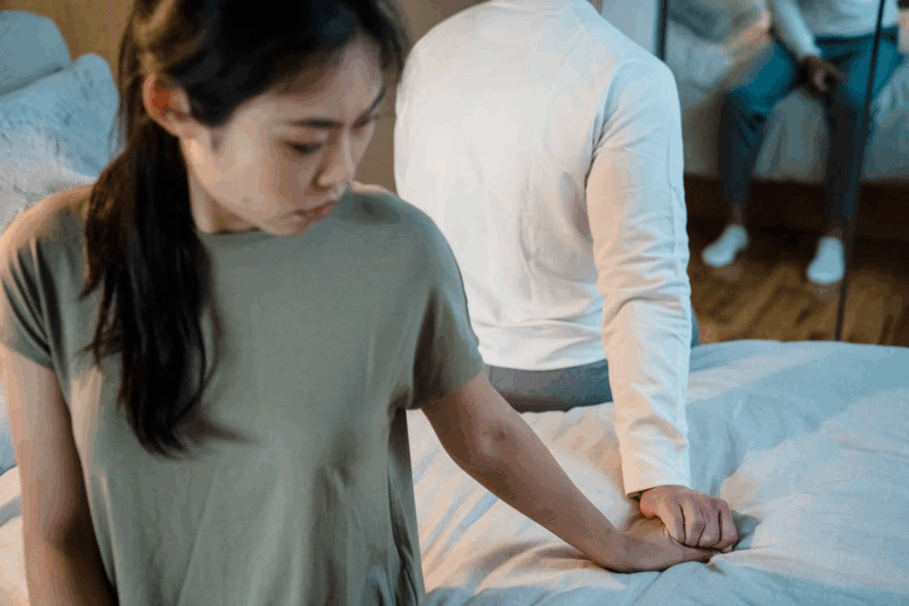 Couple Holding Hands While Sitting Back to Back
