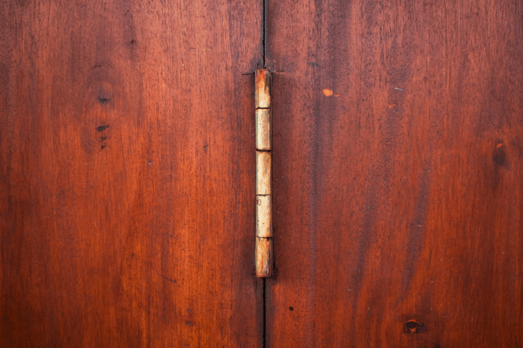 An aged metal hinge connecting two panels of warm, reddish-brown wood doors.