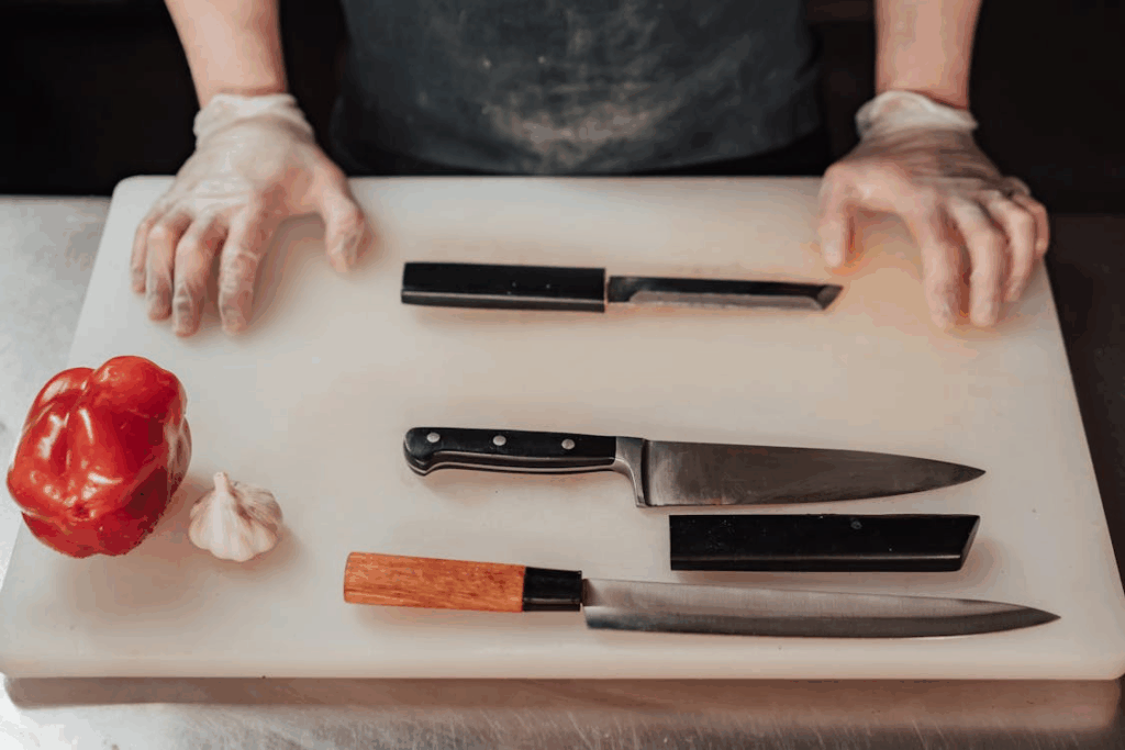 Close-Up Shot of Kitchen Knives on White Chopping Board