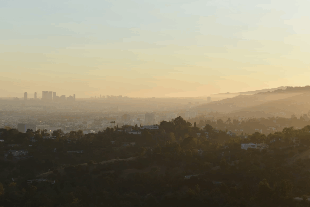 Downtown Los Angeles, California, seen from the hills, where the Griffith Observatory is, at sunset.