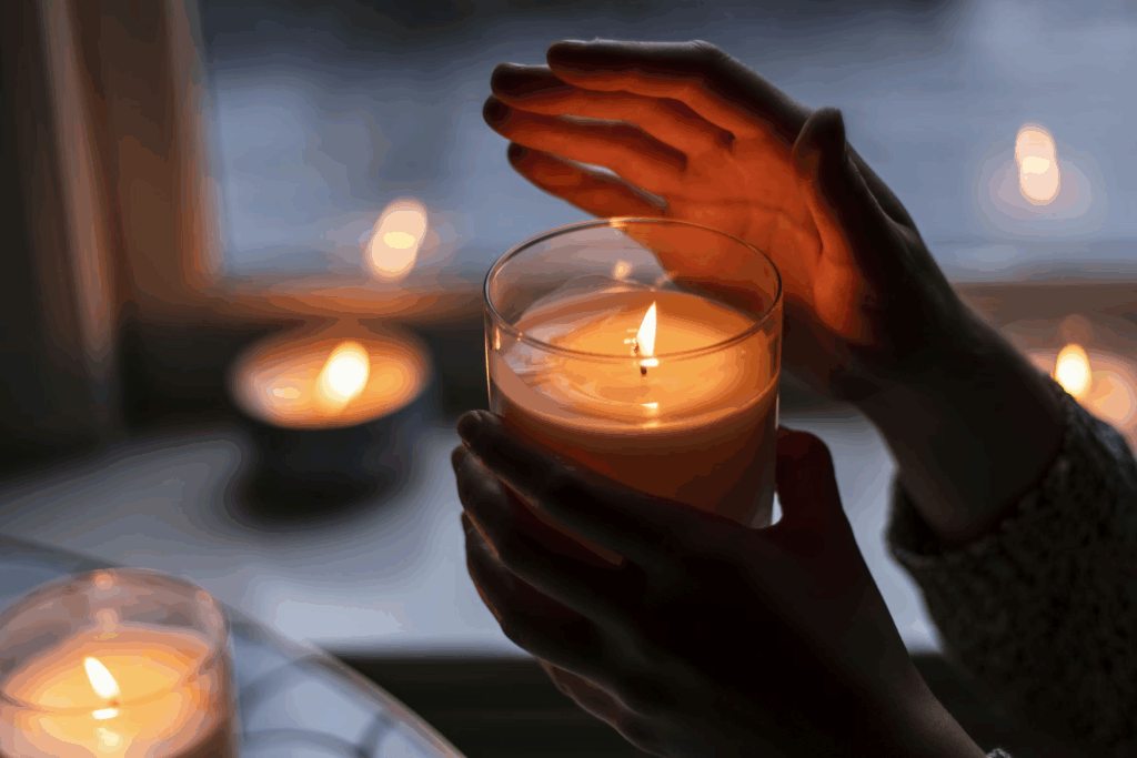person holding glass candle