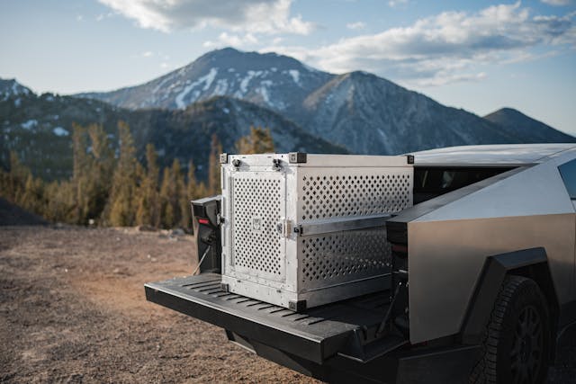 Cybertruck parked near a mountain