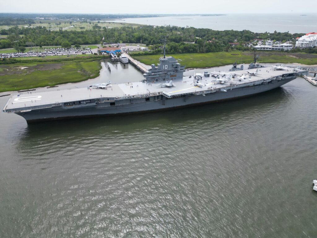 Drone Shots of USS Yorktown Aircraft Carrier in the Harbor
