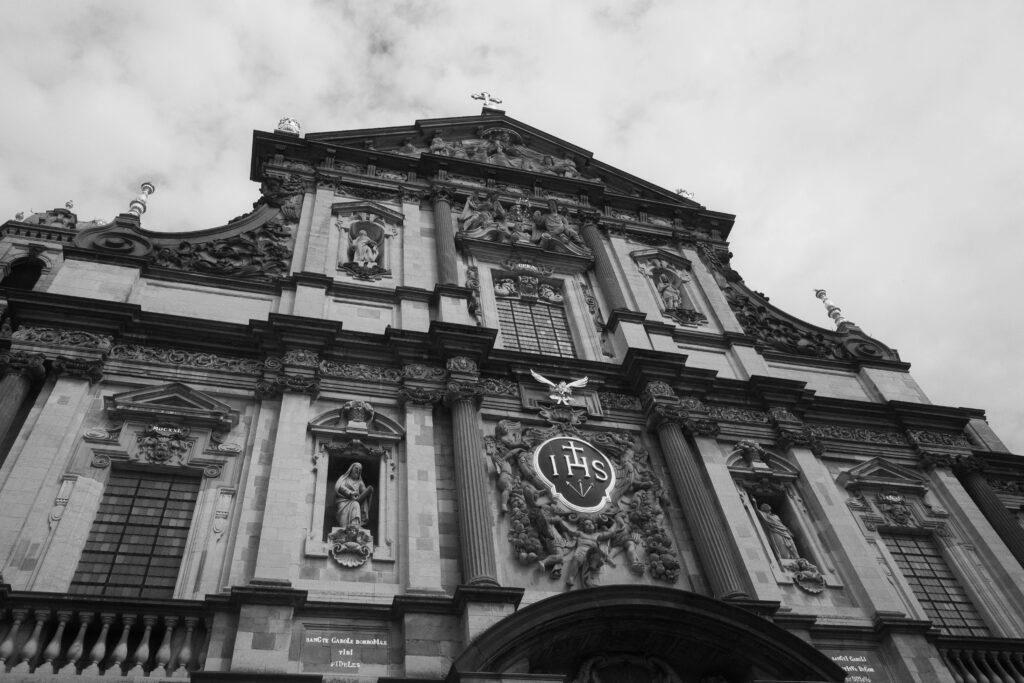 Black and White Baroque Church Facade
