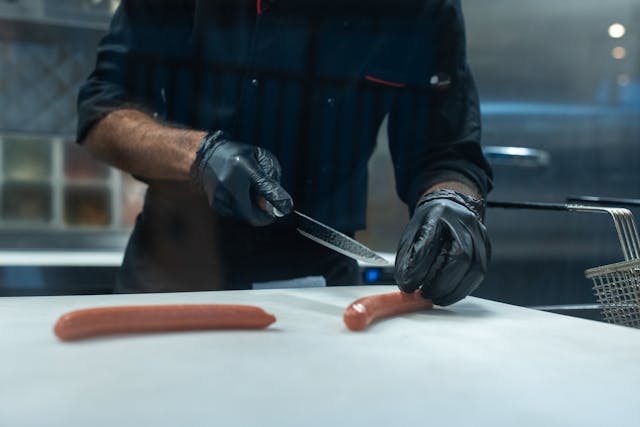 man cutting sausages