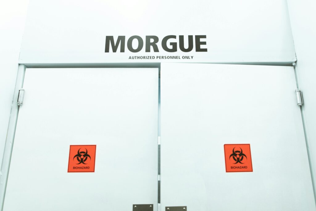 Low Angle Shot of Morgue Entrance
