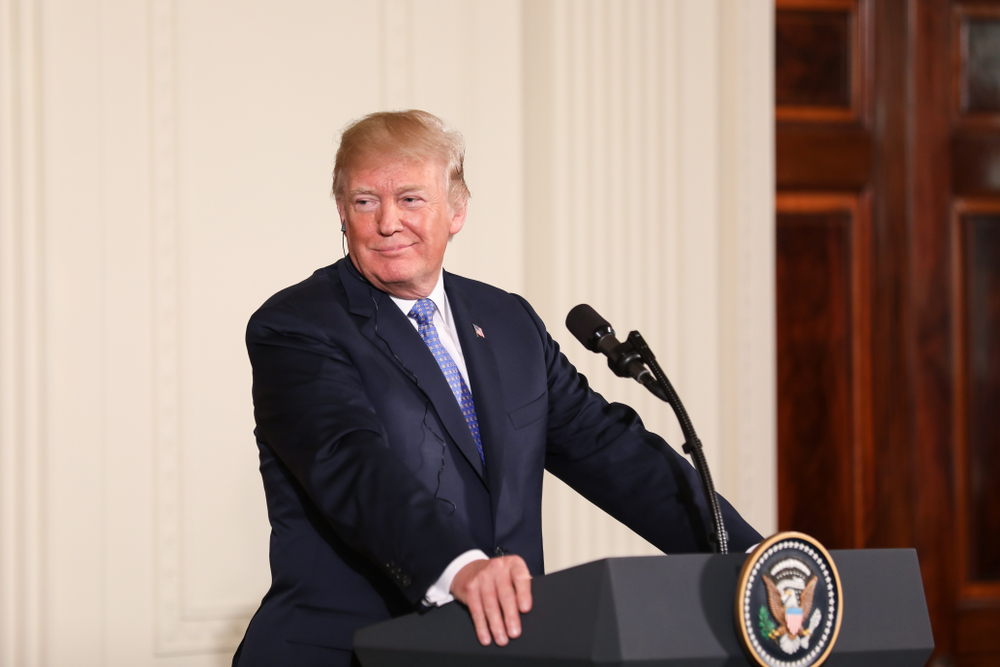Washington, DC - April 27, 2018: US President Donald Trump speaks at a press conference in the East Room of the White House alongside German Chancellor Angela Merkel.