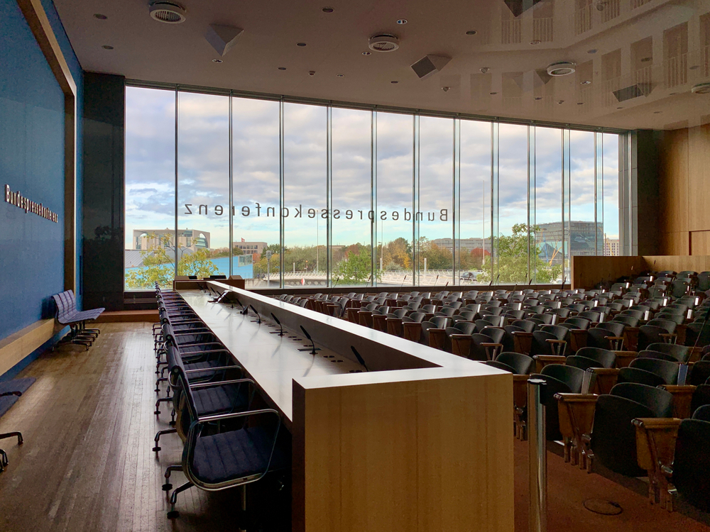 Berlin, Germany - OCTOBER 2019: The House of the Federal Press Conference (german: Bundespressekonferenz) the empty room, Germany