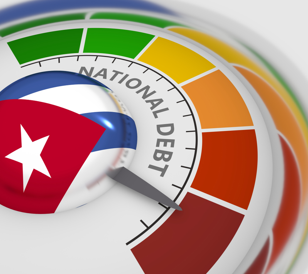 Abstract  meter read high level of national debt result. Color scale with arrow from red to green. The measuring device icon. Colorful infographic gauge element. 3D rendering. Flag of Cuba