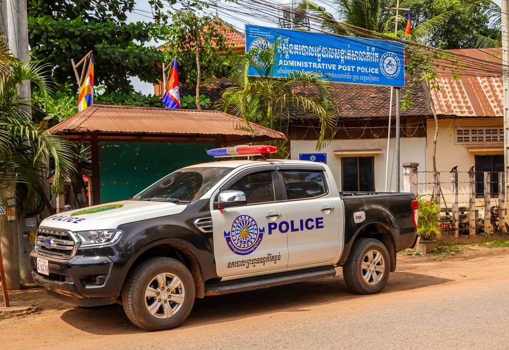 SIEM REAP, CAMBODIA - NOVEMBER 7, 2019: Police post in Siem Reap, Cambodia