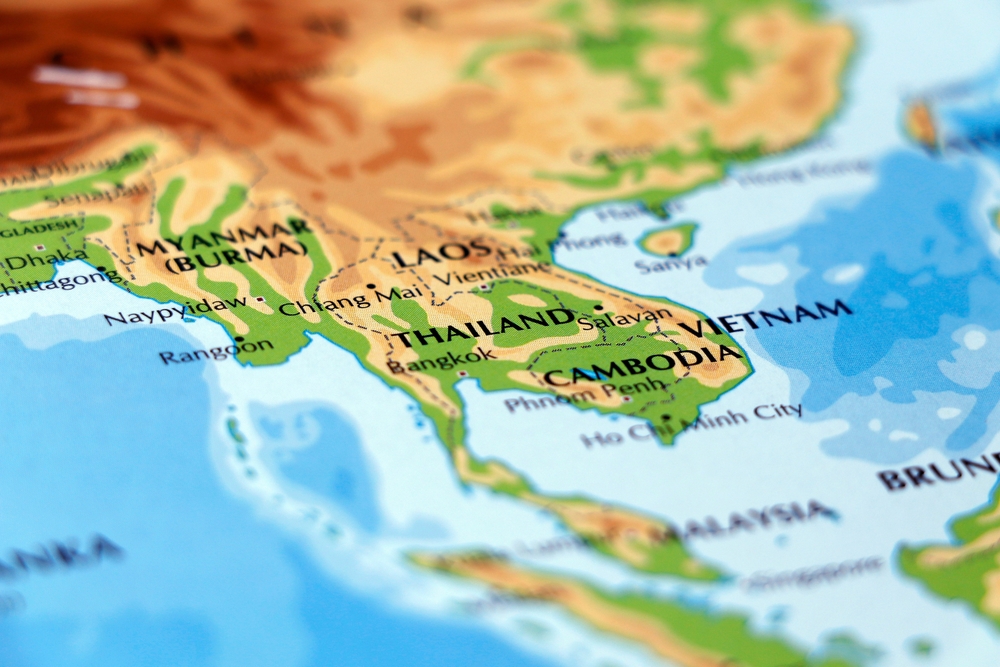 world map of south East Asia and Thailand,Cambodia, Vietnam, Myanmar in close up focus