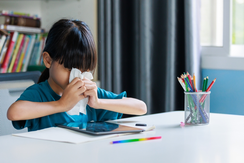 An Asian kid girl, age 8+, does her homework on a tablet in her home office. Her nose felt stuffy, and she quickly grabbed a tissue and sneezed and wiped her nose well. The background is a bookshelf