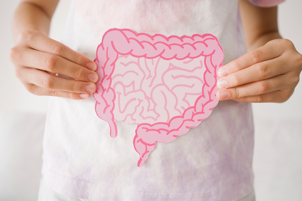Preteen girl hands holding intestine shape, healthy bowel digestion, leaky gut, probiotic and prebiotic for gut health, preteen and teen gut health concept