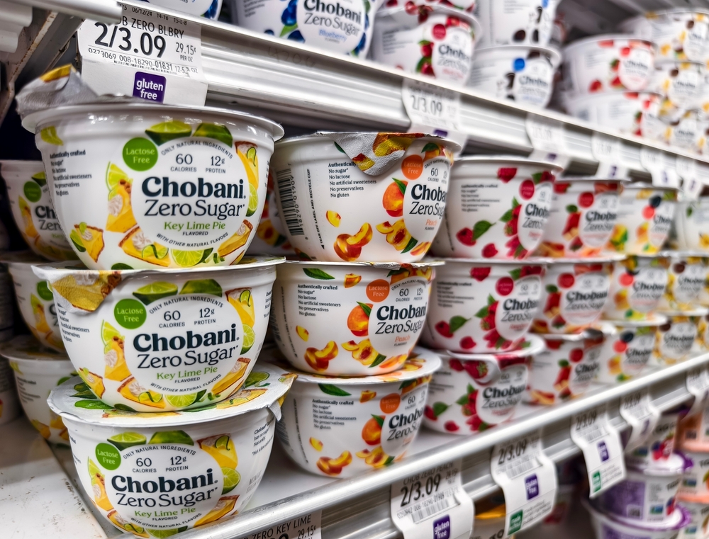 Florida, USA - July 7, 2024: Chobani Zero Sugar yogurt varieties displayed on a supermarket shelf with price tags. Featuring Key Lime Pie flavor and other selections.
