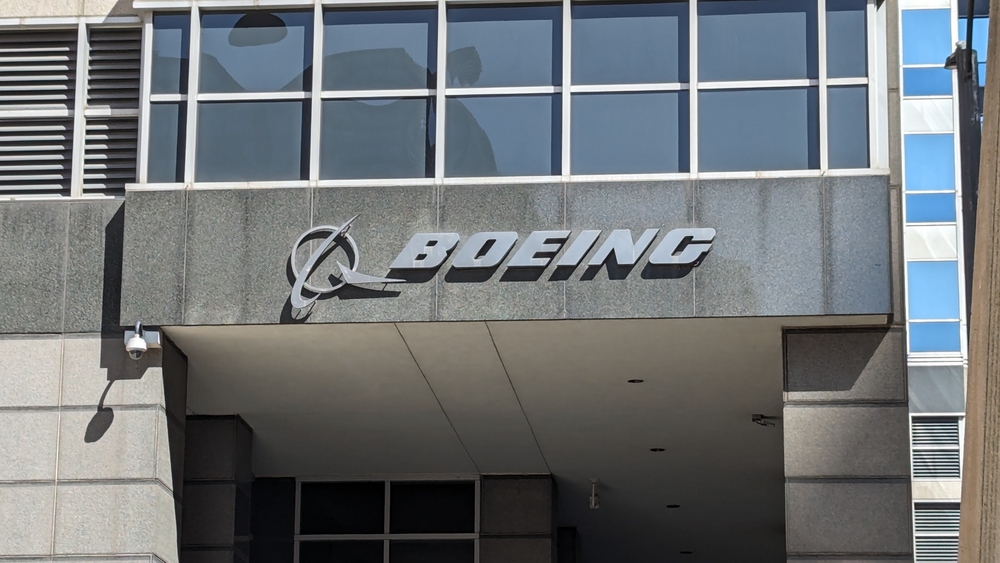 Chicago, Illinois, USA - April 8, 2024: Boeing sign on the exterior of The Boeing Building