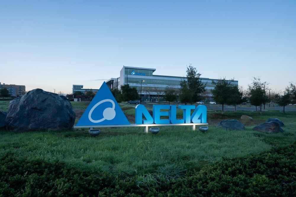 Fremont, CA, USA - Feb 21, 2024: Exterior view of Delta Electronics' Americas Headquarters in Fremont, California, at dawn. Delta Electronics, Inc. is a Taiwanese electronics manufacturing company.