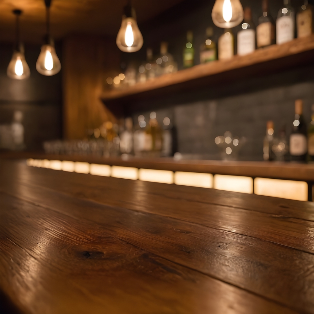 NEW A close-up view of a rustic wooden tabletop with a blurred background of a dimly lit bar interior.