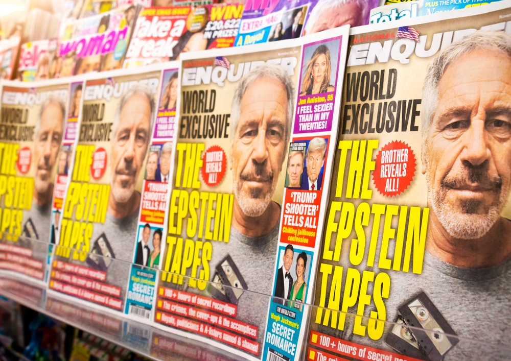 London,UK-November,25 2024: Jeffrey Epstein files news headlines on National Enquirer. Late American financier known for criminal acts and connection to a list of prominent celebrities and politicians