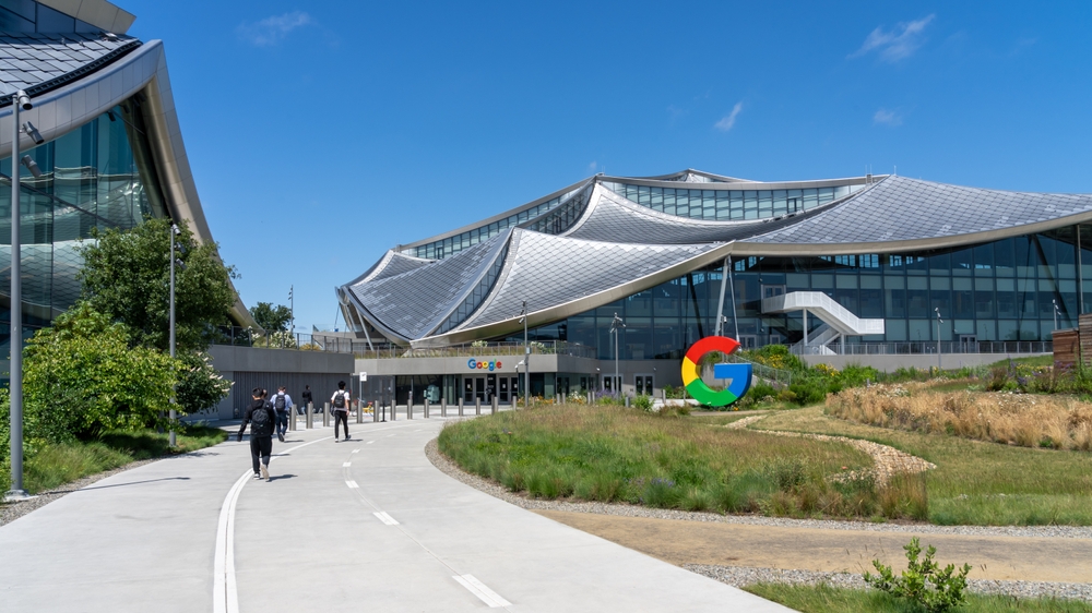 Exterior view of Google Bay View corporate campus in Mountain View, California, USA - June 8, 2023. Google Bay View Campus is located on a 42-acre site adjacent to NASA Ames Research Center.