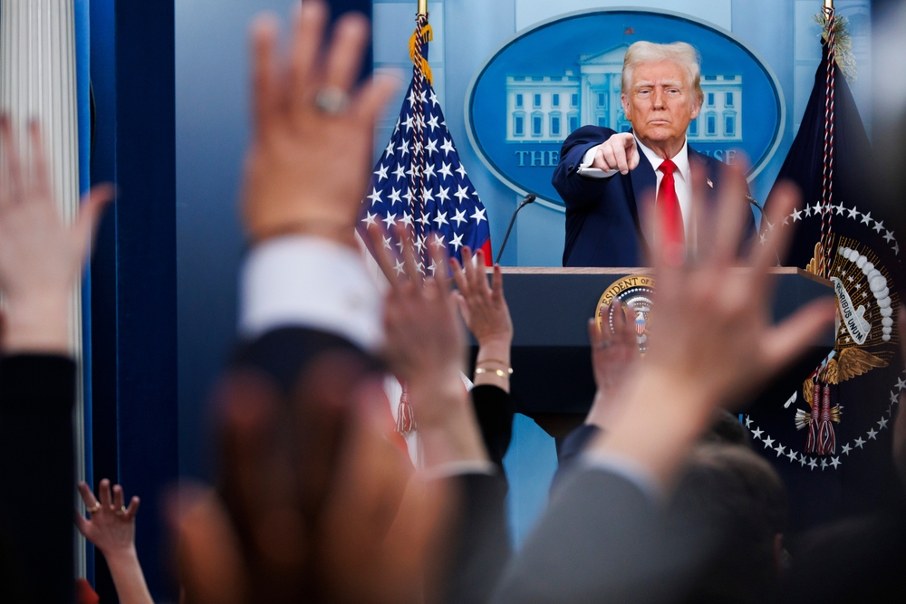 WASHINGTON – January 30 2025: President Donald Trump speaks at a White House press briefing after a Black Hawk helicopter collided with American Airlines flight 5342 by DCA airport