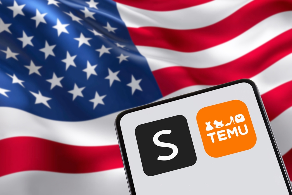 Stuttgart, Germany - February 8, 2025: Temu and Shein app logo online marketplace from China with US United States american flag ecommerce on a mobile phone in Stuttgart, Germany.