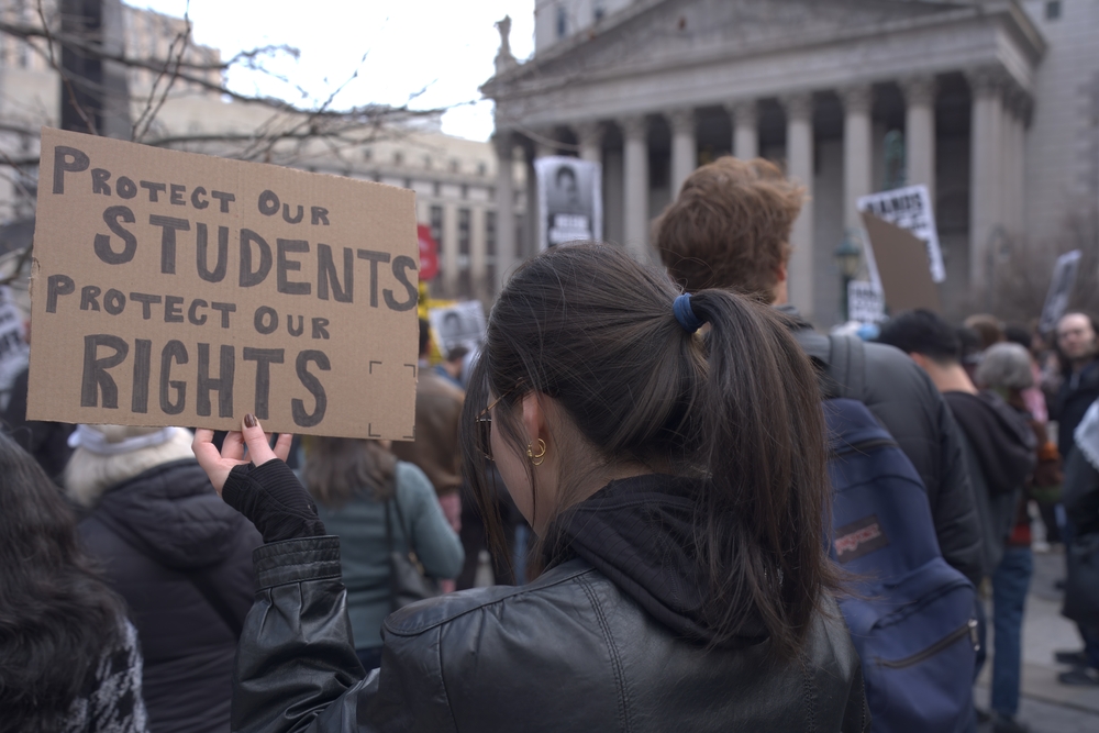 New York, NY - March 12, 2025: At Foley Square, protestors rally for Mahmoud Khalil’s release, demanding global support for his freedom and calling for ICE removal from campuses.
