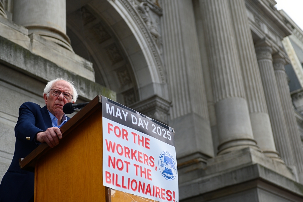 Philadelphia, PA, USA - May 1, 2025; Senator Bernie Sanders speaks to the crowd at a May Day rally, addressing labor rights, fair wages, and support for marginalized communities.