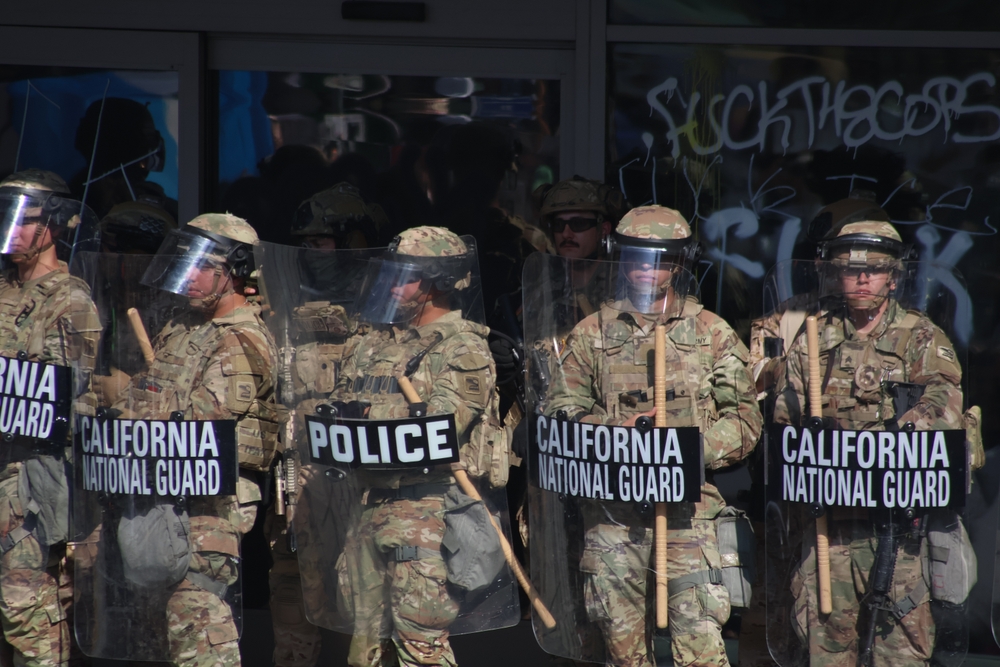 Los Angeles, California United States - June 09 2025: The National Guard is seen guarding the federal building during the ICE Protest in Downtown Los Angeles.