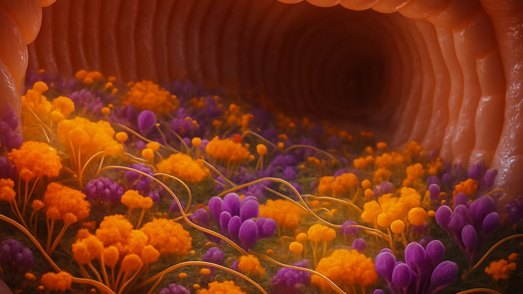 Photorealistic CGI-style cross-section of a healthy human gut in letterbox format. The intestinal walls are smooth, hydrated, and subtly glowing. The gut lining features illuminated villi and mucosa with soft lighting. The microbiome is stylised like a