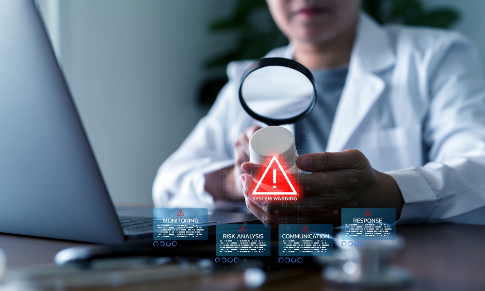 Doctor inspects medicine bottle with magnifying glass and system warning hologram. Pharmaceutical error detection, health risk or data issue in digital healthcare. Pharmacist checks for treat patient.