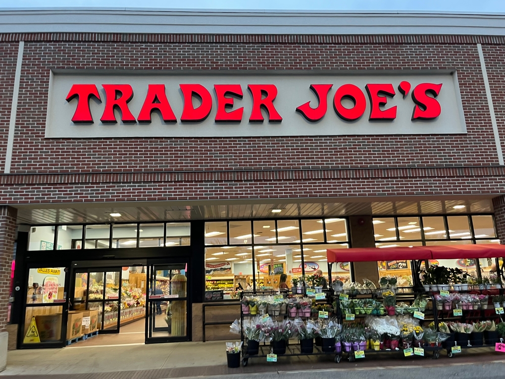 Commack, NY, USA, 5.21.25 - The front exterior of Trader Joe's.