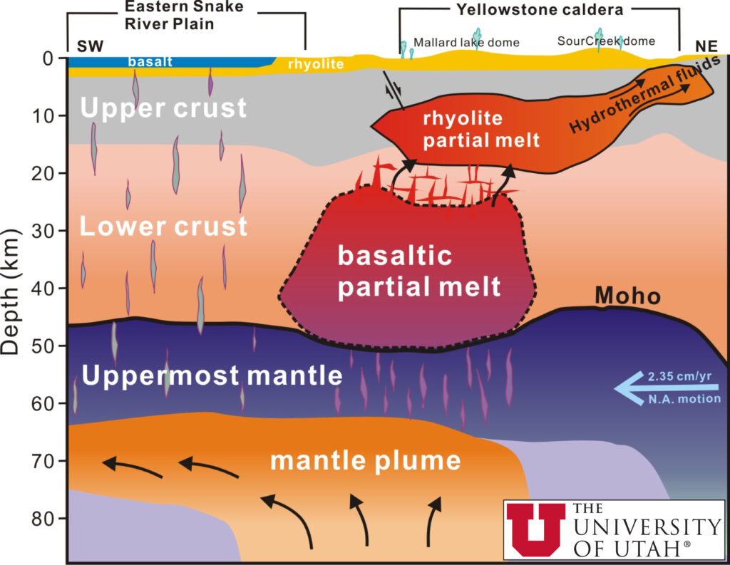 Colorful scientific diagram from the University of Utah showing a southwest-to-northeast cross-section beneath Yellowstone, depicting the mantle plume in orange at the bottom, basaltic partial melt in red, rhyolite partial melt in lighter red, and hydrothermal fluid pathways reaching the surface.