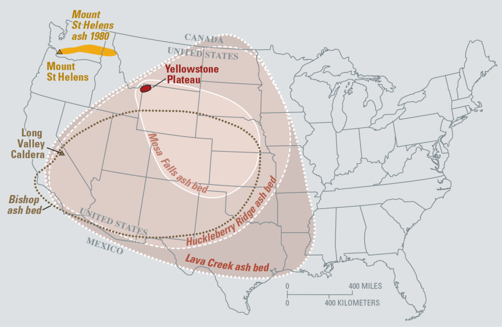 Map of the United States showing overlapping ash deposit boundaries from the Huckleberry Ridge, Mesa Falls, and Lava Creek eruptions as concentric ovals covering much of the western and central US, with Mount St. Helens' much smaller ashfall shown in the Pacific Northwest.