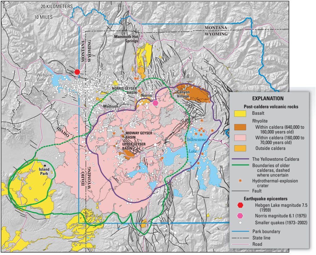 Geologic map of Yellowstone National Park showing the caldera boundary as a dashed dark blue line, color-coded volcanic rock deposits in pink, yellow, orange, and blue, and earthquake epicenters marked with red dots and stars.