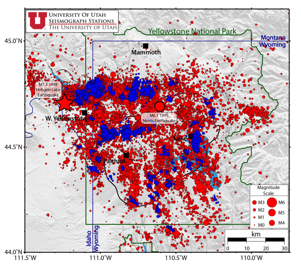 Map from University of Utah Seismograph Stations showing thousands of red and blue dots representing earthquake epicenters within and around Yellowstone National Park, with the park boundary outlined in green and larger dots indicating higher-magnitude events.