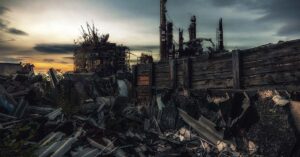 The world after nuclear war.Destroyed by the war remains of buildings at sunset. Doomsday concept